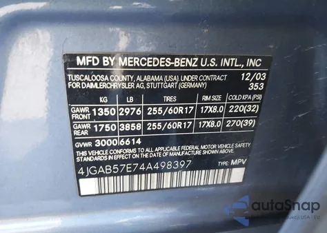 2004 Mercedes-Benz Ml 350 4Matic from USA, damaged, VIN 4JGAB57E74A498397